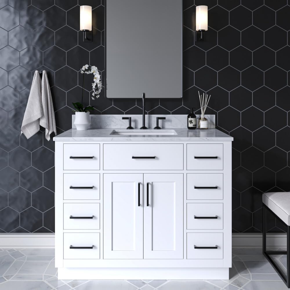 ARIEL Hepburn 43 Inch Single Sink Bathroom Vanity in White, Italian Carrara Marble Top, Solid Wood, Rectangular Sink, 2 Soft Closing Doors, 9 Full Extension Dovetail Drawers, Toe Kick