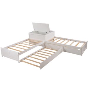 L-Shape Twin Beds 2 Platform Beds with Trundle and Storage Drawers Linked with Flip Square Table Wood Twin Size Corner Bed for 3 Kids, Teens, Boys, Girls, White