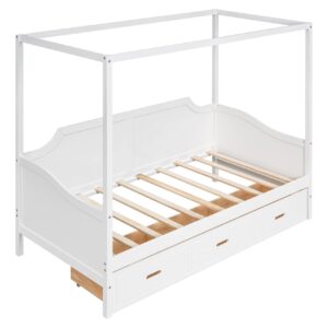 Bellemave Twin Canopy Beds Wood Daybed with Storage Drawer Modern 4-Poster Beds Twin Size for Kids Boys Girls Teens, White