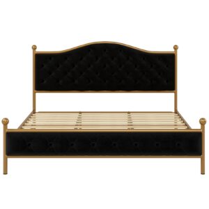 HIFIT Luxury Queen Size Platform Bed Frame with Elegant Button Tufted Curved Headboard, Velvet Upholstered Bed Frame with No Noise, Heavy Duty Metal Frame Foundation, No Box Spring Needed, Gold-Black