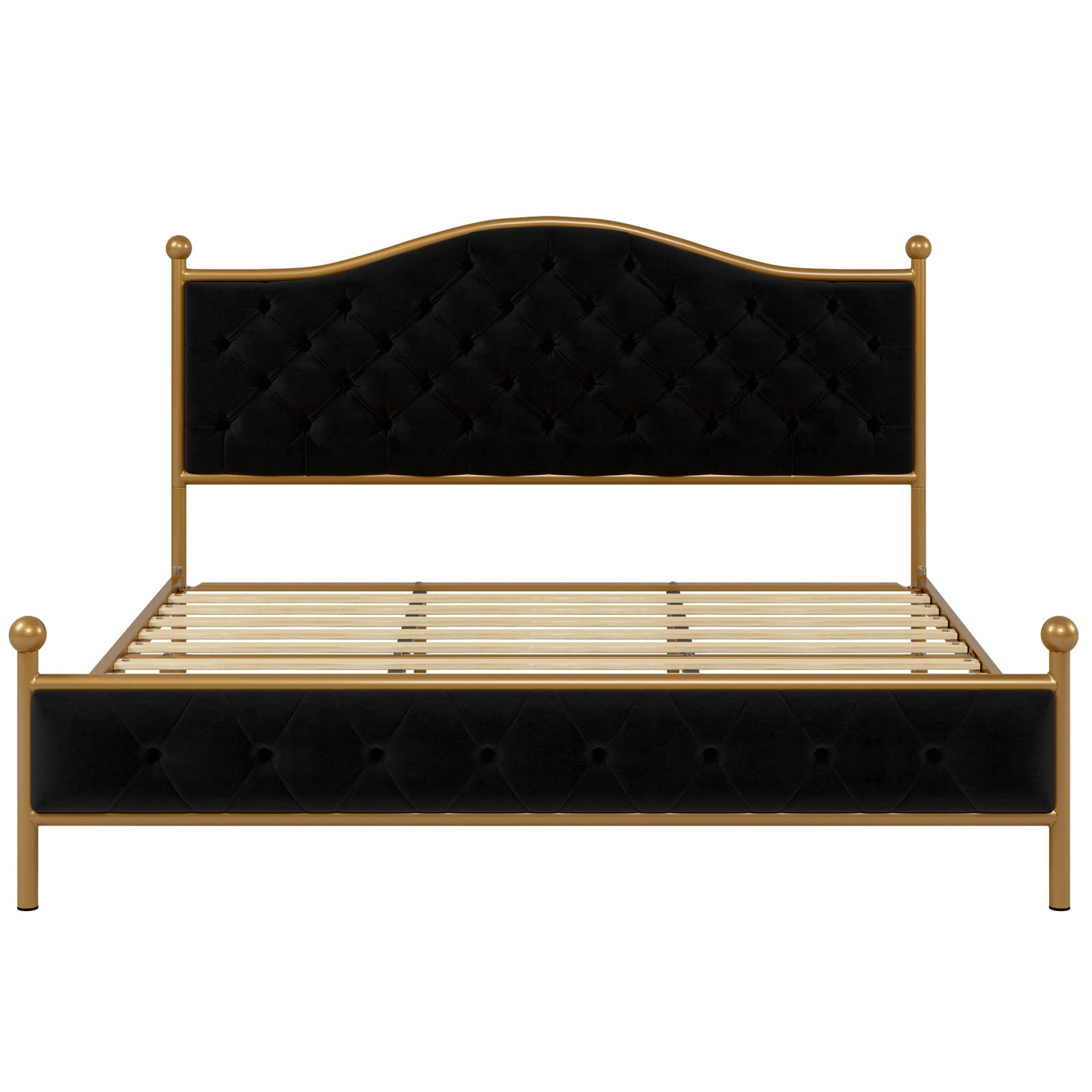 HIFIT Luxury Queen Size Platform Bed Frame with Elegant Button Tufted Curved Headboard, Velvet Upholstered Bed Frame with No Noise, Heavy Duty Metal Frame Foundation, No Box Spring Needed, Gold-Black