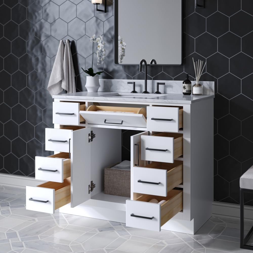 ARIEL Hepburn 43 Inch Single Sink Bathroom Vanity in White, Italian Carrara Marble Top, Solid Wood, Rectangular Sink, 2 Soft Closing Doors, 9 Full Extension Dovetail Drawers, Toe Kick