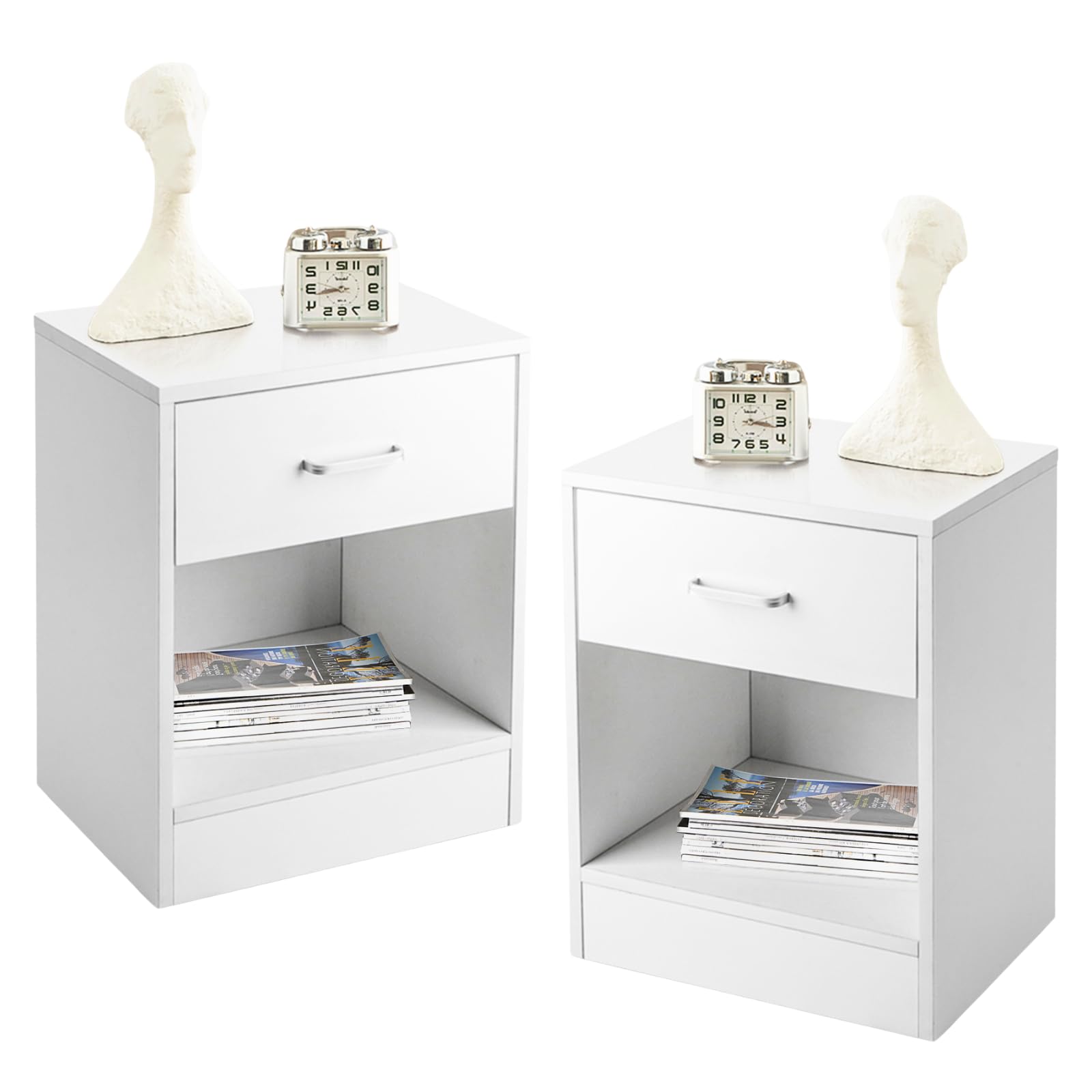 Karl home Nightstands Set of 2 with Drawer for Bedroom, Wood Night Stand Set 2 with Open Shelf, Modern Nightstand Bedside Tables Set of 2, End Table, White