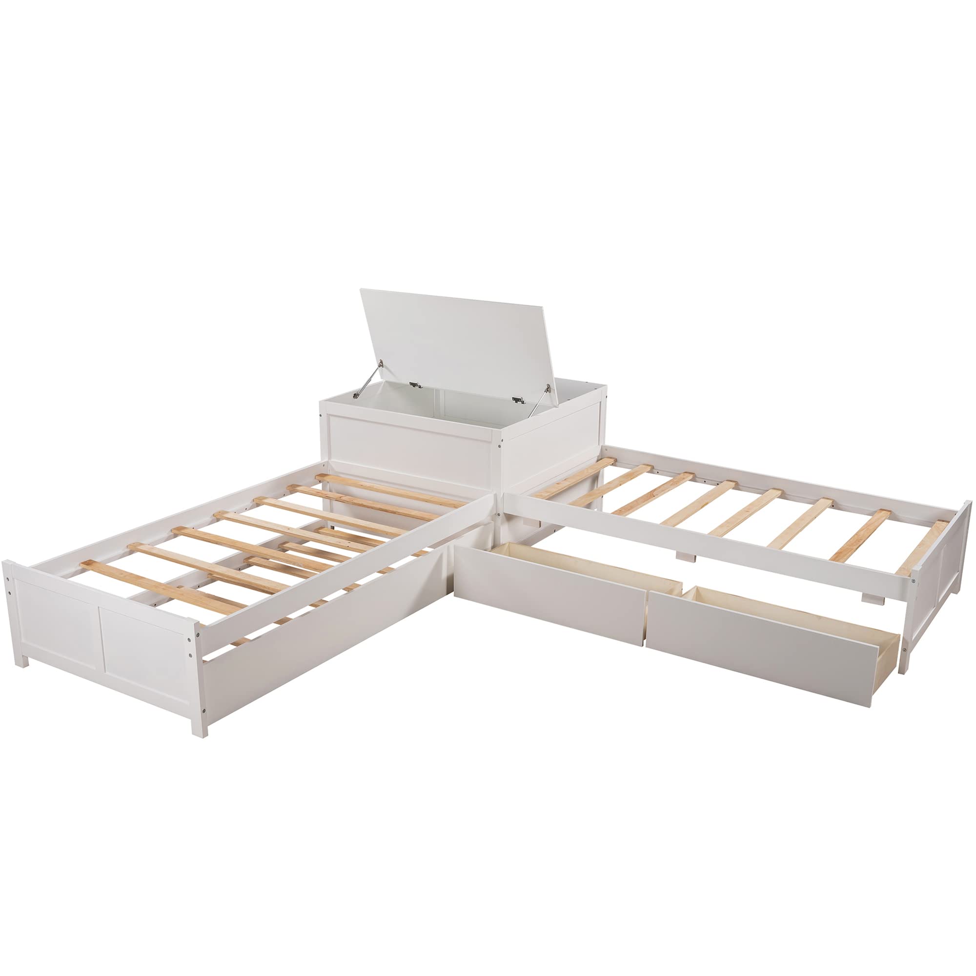 L-Shape Twin Beds 2 Platform Beds with Trundle and Storage Drawers Linked with Flip Square Table Wood Twin Size Corner Bed for 3 Kids, Teens, Boys, Girls, White