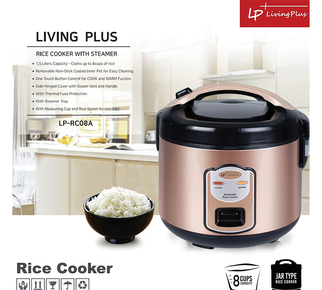 LP Living Plus Electric Rice Cooker, Non Stick Coating, One Touch Button (1.5L/8Cup)