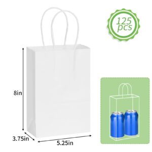 Moretoes 125pcs White Paper Bags with Handles 5.2x3.8x8 Inch, Kraft Small Gift Bags Bulk, Retail Bags, Shopping, Birthday Wedding Party Favor Bags, Merchandise Bags