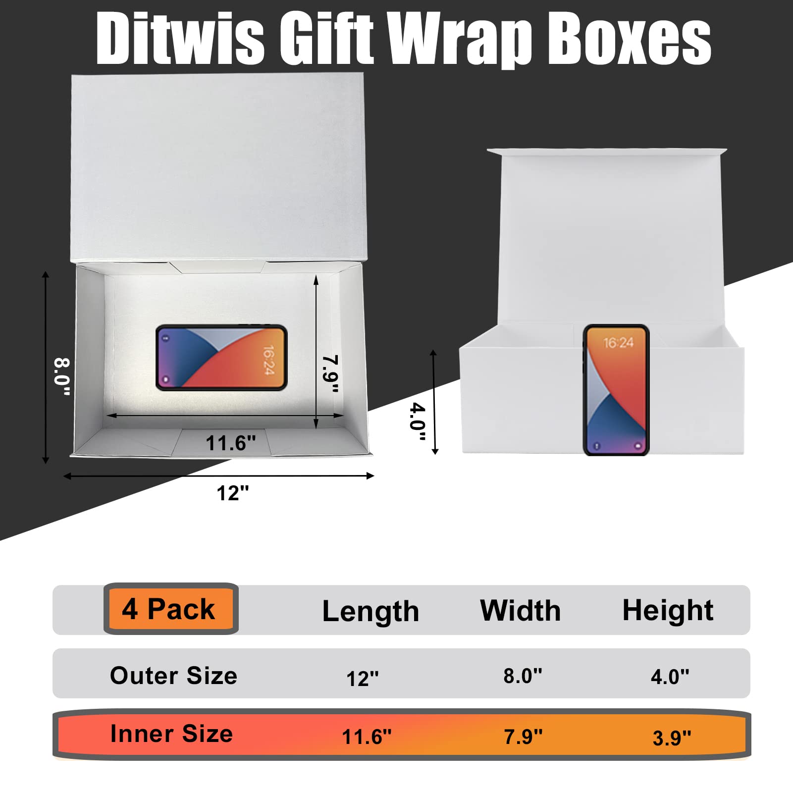 Ditwis 4 Pack 12x8x4 Inches Gift Boxes with Magnetic Closure Lids, White Magnetic Box for Wedding, Groomsmen Bridesmaid Proposal, Birthdays, Mother's Day