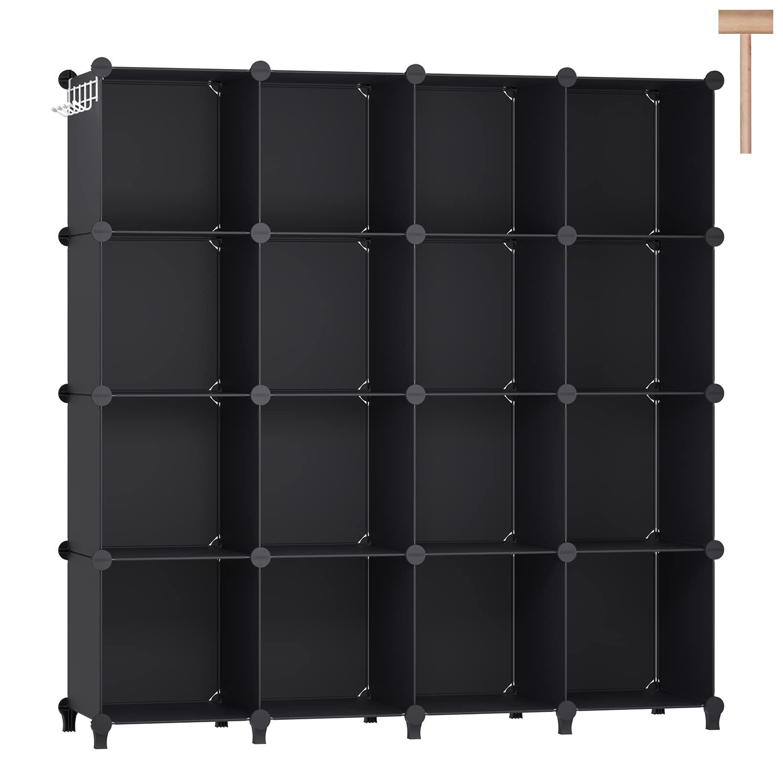 DINMO 16 Cubes Storage Organizer, Bookcase, Display Shelf with Wooden Mallet, Cabinet Storage for Kids, Adult, Office, Bedroom, Bathroom, Black