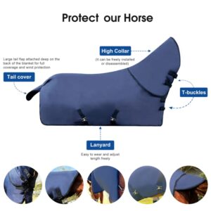 Waterproof Horse Turnout Blanket，Medium Weight Winter HorseTurnout Blanket (220g Fill) with Detachable Neck Cover，Blanket for Horse - Blue - 72 in