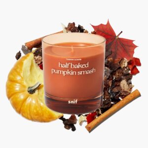 half baked pumpkin smash scented candle by snif, festive fall candle, 50+ hours, 100% cotton fiber wicks, soy wax blend, non-toxic, vegan, 8.5oz