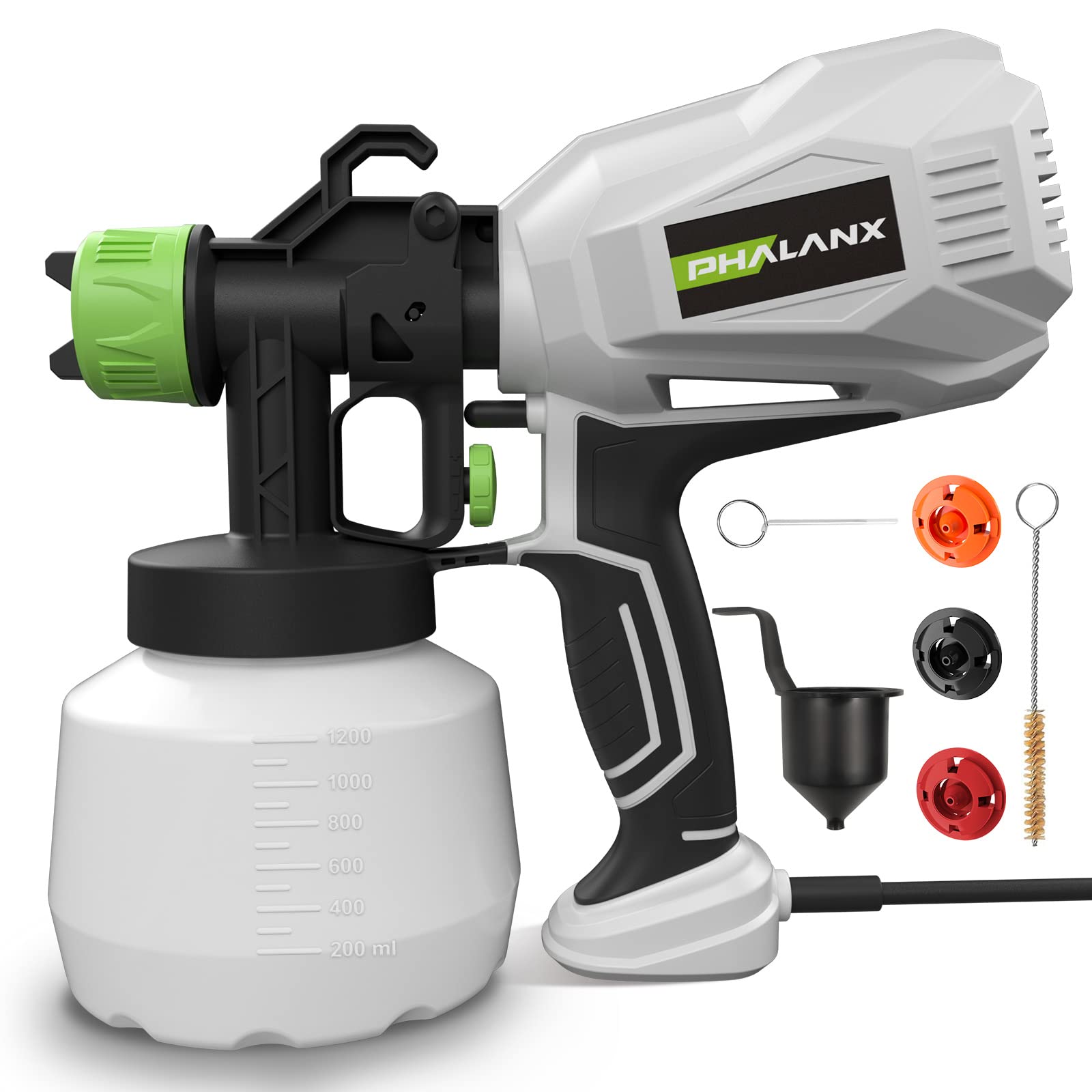 PHALANX Paint Sprayer, 6 FT Corded HVLP Electric Spray Paint Gun for House Painting, Furniture, Fence, Walls, Cabinets, Paint Sprayers with 1200ML Capacity & 3 Nozzles & 3 Patterns