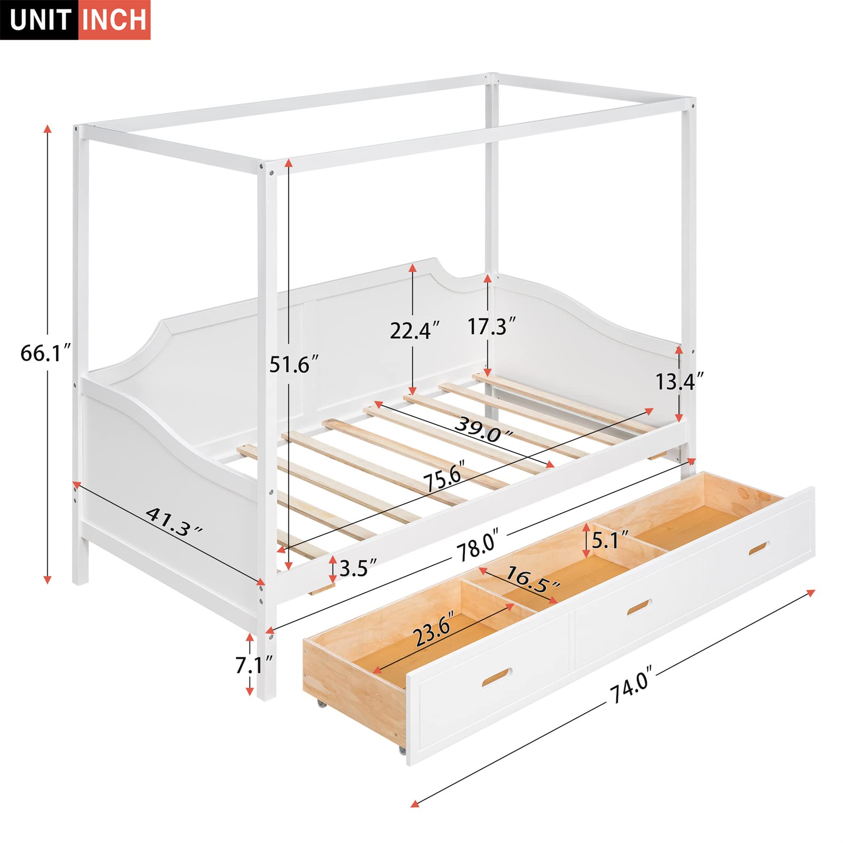 Bellemave Twin Canopy Beds Wood Daybed with Storage Drawer Modern 4-Poster Beds Twin Size for Kids Boys Girls Teens, White