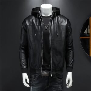 Maiyifu-GJ Men Faux Leather Motorcycle Hood Jacket Vintage PU Leather Moto Hoodies Classic Retro Zip Up Casual Hoodie Jacket (Black,Large)