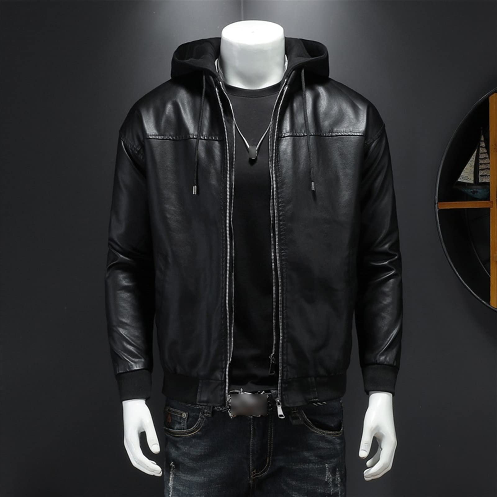 Maiyifu-GJ Men Faux Leather Motorcycle Hood Jacket Vintage PU Leather Moto Hoodies Classic Retro Zip Up Casual Hoodie Jacket (Black,Large)