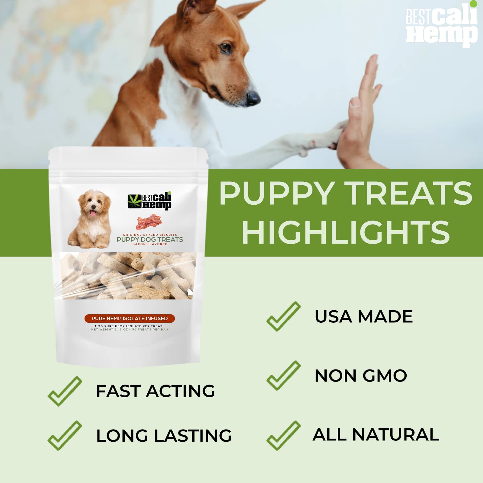 Best Cali Hemp Puppy Treats Calming Chews for Dogs Anxiety with Vitamin A, E, D3, B12 Supplement, Helps Relax, Reduce Stress, Storm Anxiety, Calming, Sleep Aid for Dogs - Bacon (30 Treats)