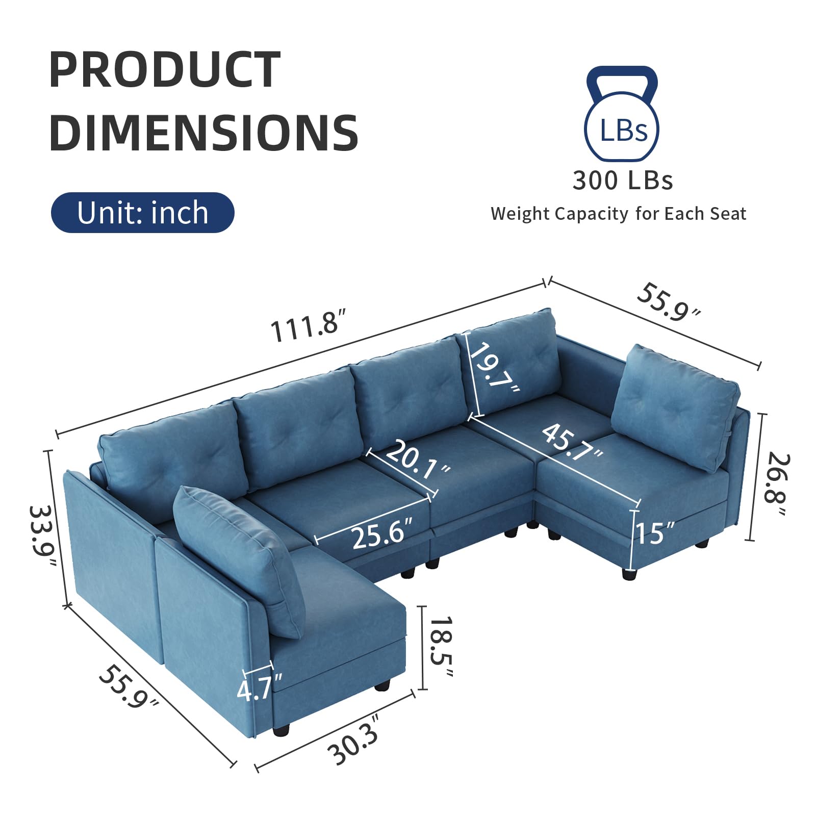 LLappuil Modular Sectional Sofa, Convertible U Shaped Sectional Couch with Storage, Modular Sectionals for Living Room, Faux Leather Fabric Waterproof Sofa, 6 Seat, Navy Blue