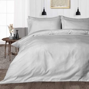 British-Linen Sheet Sets 5 Piece Cotton Sheets 18" Deep Pocket & 400TC Sheets Extra Soft and 100% Egyptian Cotton Long Staple Bed Sheets with Duvet Cover - Light Grey Stripe,Full Size.