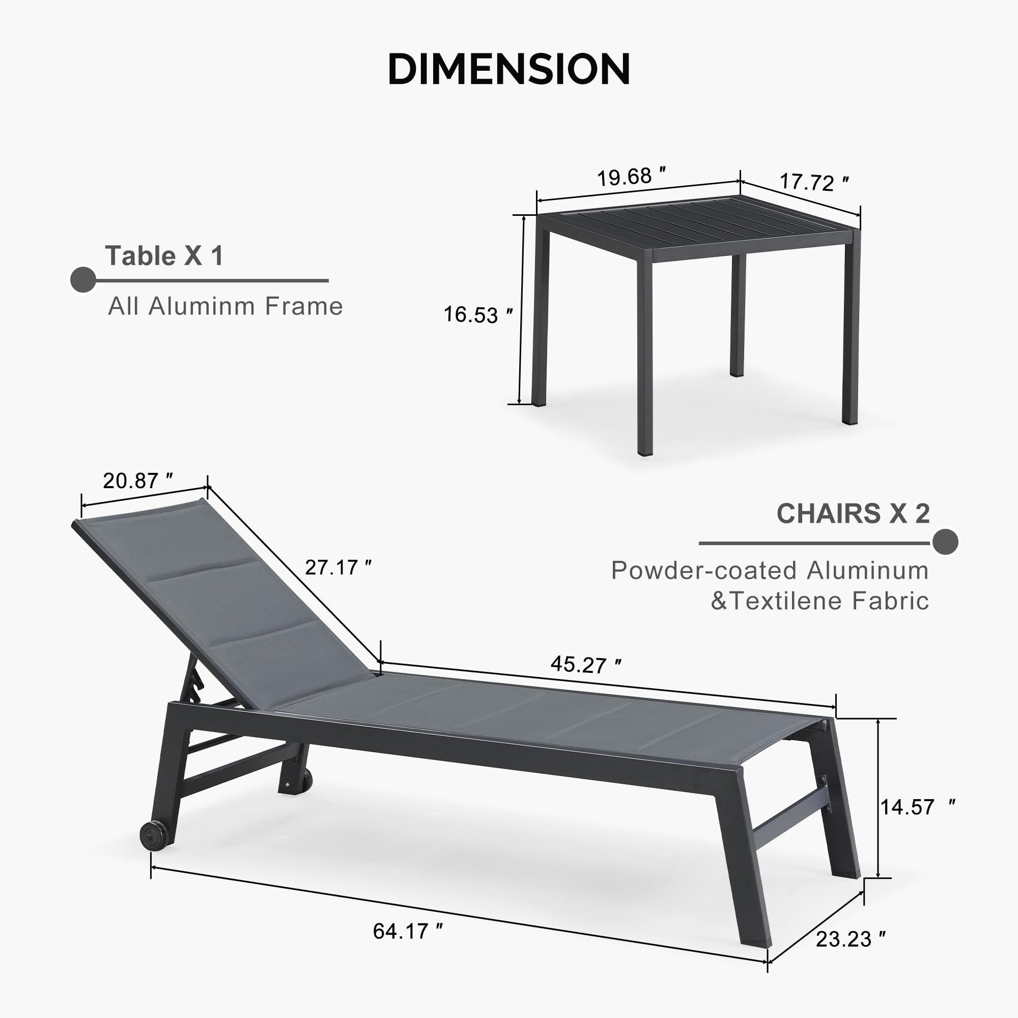 PURPLE LEAF Outdoor Chaise Lounge Set of 2 Aluminum Patio Lounge Chair with Wheels and Side Table Pool Chaise Lounge Chair for Outdoor Backyard Poolside Grey