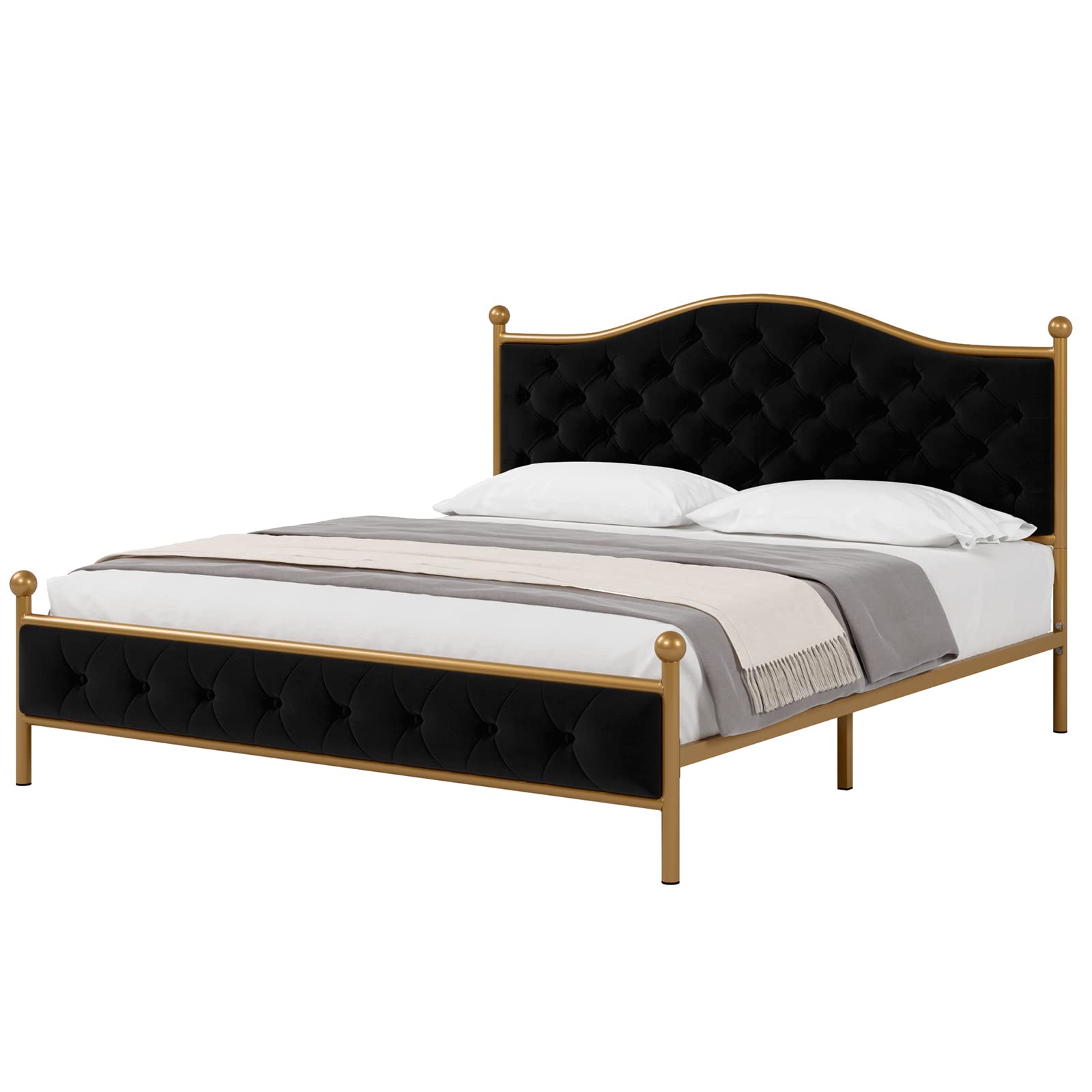 HIFIT Luxury Queen Size Platform Bed Frame with Elegant Button Tufted Curved Headboard, Velvet Upholstered Bed Frame with No Noise, Heavy Duty Metal Frame Foundation, No Box Spring Needed, Gold-Black