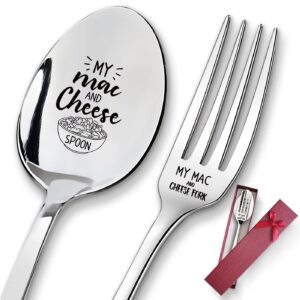 2 pieces my mac and cheese stainless engraved spoon fork set, kitchen restaurant long handle dinner spoop and fork for friends, women, sister birthday cheese lovers christmas gifts