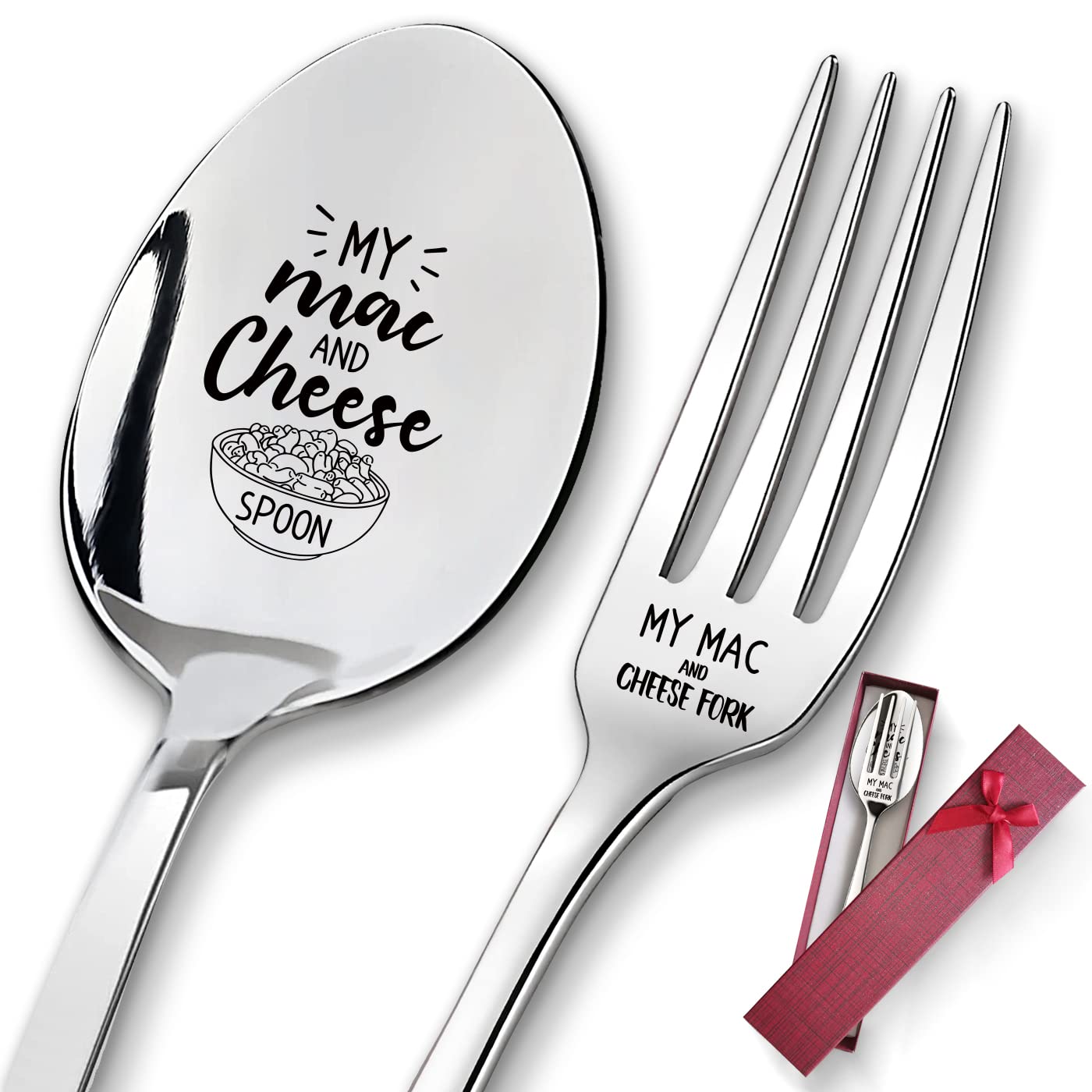 2 Pieces My Mac and Cheese Stainless Engraved Spoon Fork Set, Kitchen Restaurant Long Handle Dinner Spoop and Fork for Friends, Women, Sister Birthday Cheese Lovers Christmas Gifts