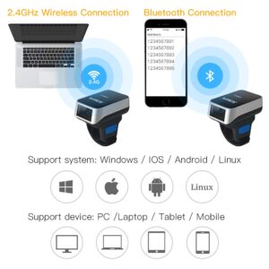 Bluetooth Ring Barcode Scanner, Sumicor Wearable Finger Bar Code Reader Portable Mnin Barcode 3-in-1 Bluetooth & 2.4Ghz Wireless & USB Work with iOS Android Windows Linux Mac OS