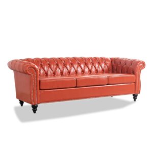 KUVENQIW Modern Orange Chesterfield Sofa Button Tufted Faux Leather Couches for Living Room Classic Bedroom Office Apartment (Orange)