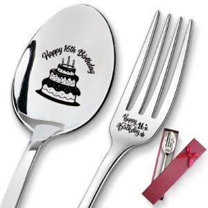 2 pieces happy 16th birthday stainless engraved spoon fork set, 16 years old long handle dinner spoop fork set gift for friends, daughter, teen, birthday graduation christmas