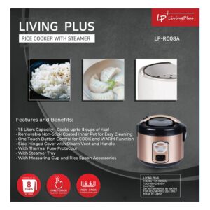 LP Living Plus Electric Rice Cooker, Non Stick Coating, One Touch Button (1.5L/8Cup)