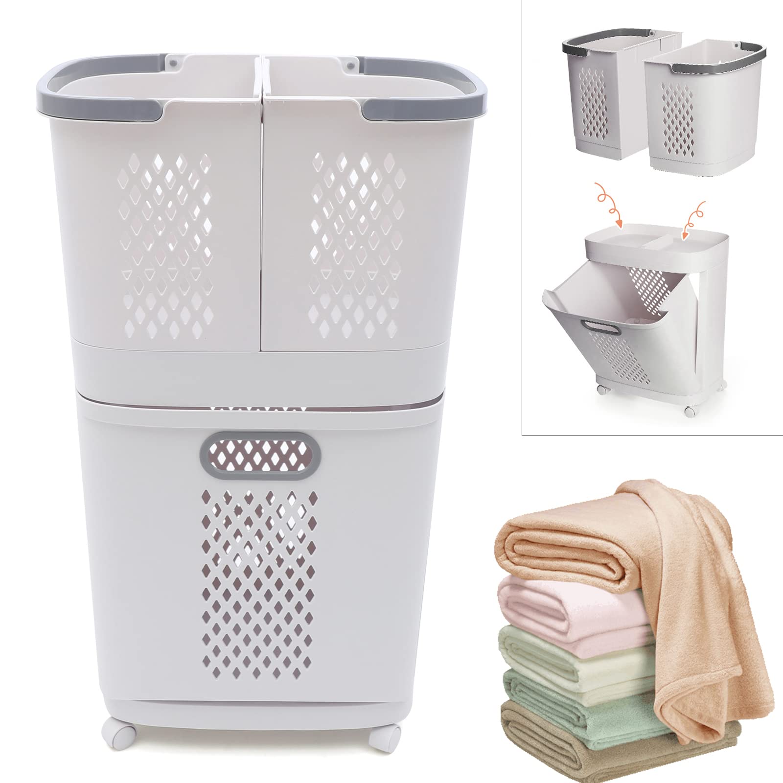 Laundry Baskets, Movable Hand-Held Laundry Basket Bathroom Clothes Storage Basket W/Wheeled, Storage Basket for Blanket, Toys, Dirty Clothes in Living Room, Bathroom, Bedroom