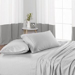 british-linen sheet sets 5 piece cotton sheets 18" deep pocket & 400tc sheets extra soft and 100% egyptian cotton long staple bed sheets with duvet cover - light grey stripe,full size.