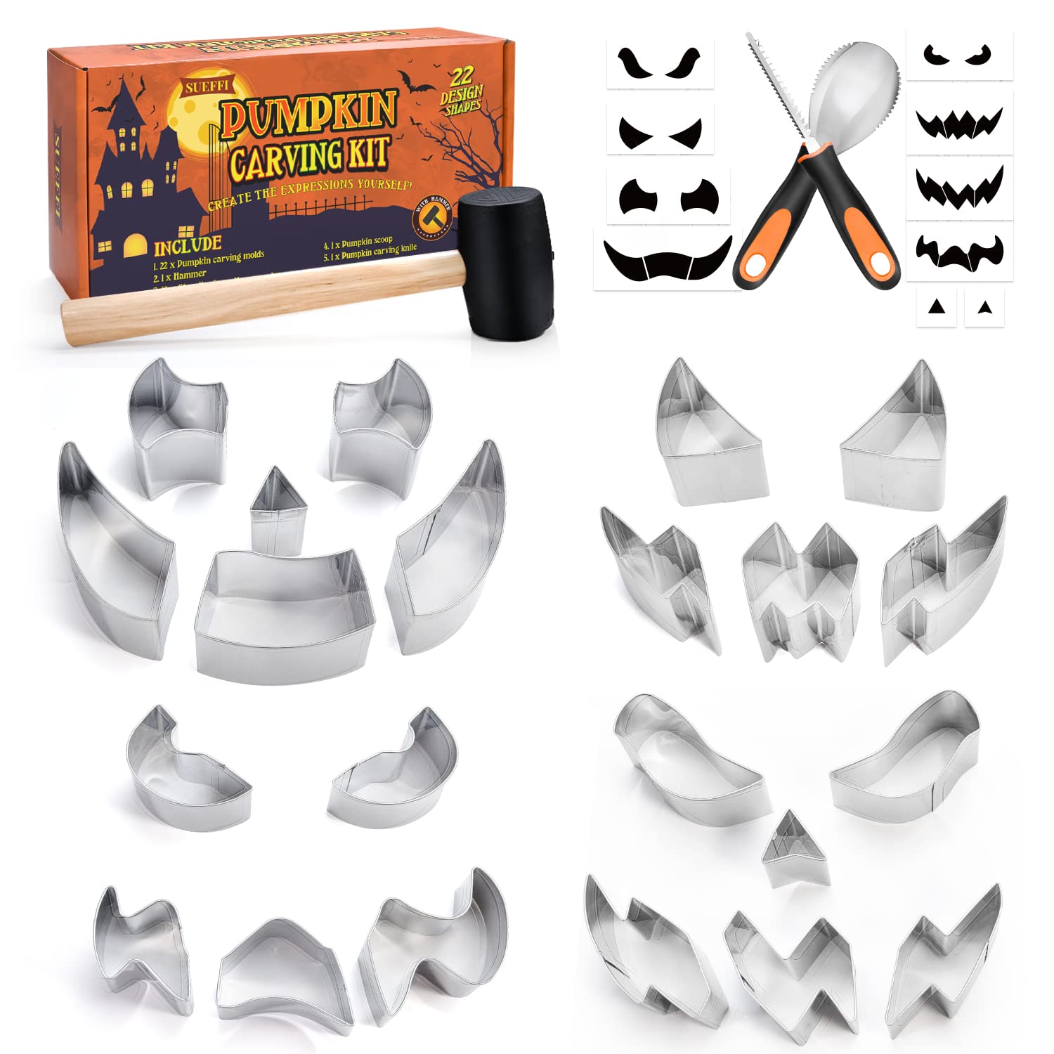 Pumpkin Carving Kit for Kids, 22 PSC Stainless Steel Pumpkin Carving Tools with Hammer and 2 Carving Knives, DIY Halloween Pumpkin Shape