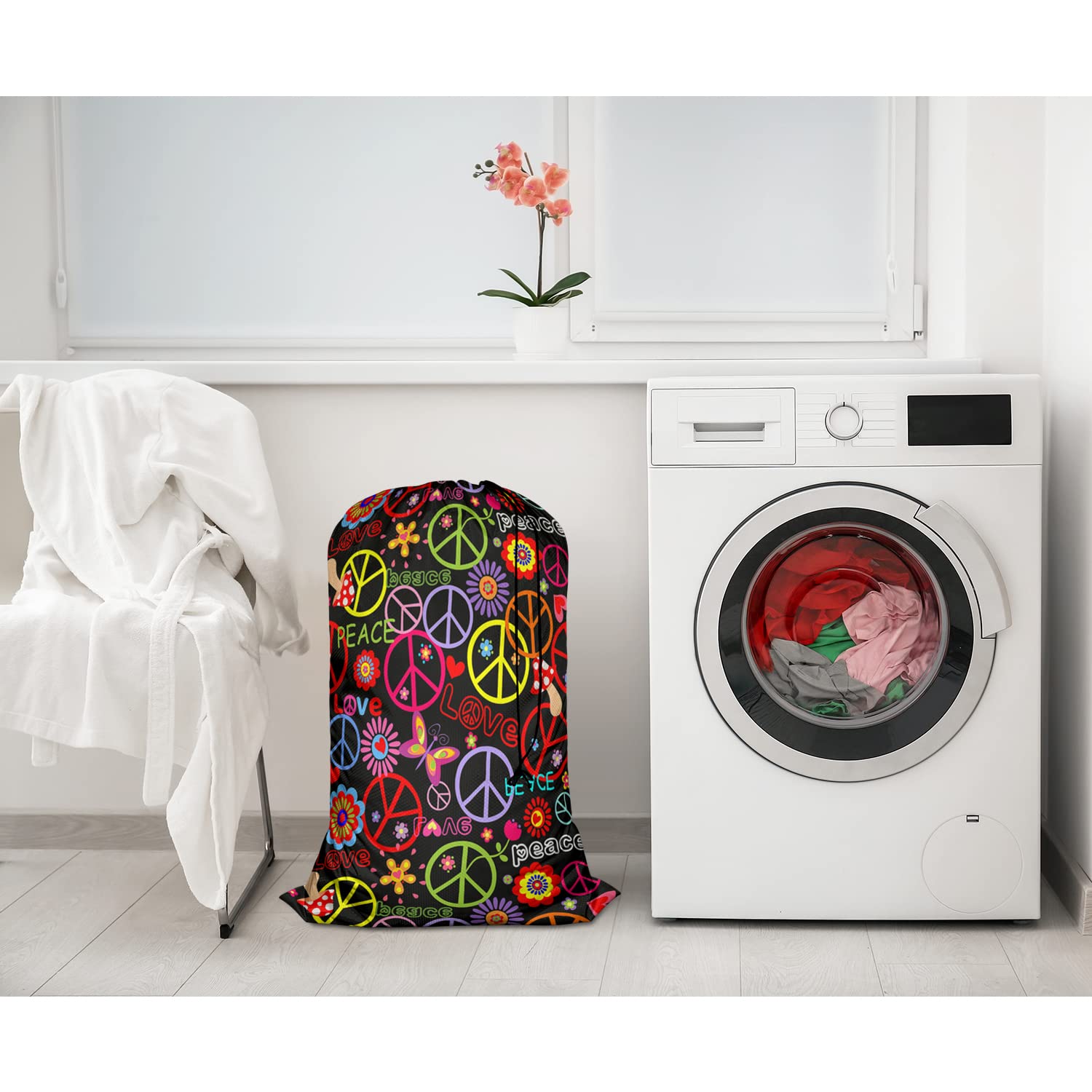 Swono Hippie Peace Symbol XL Laundry Bags, Drawstring Closure Dirty Clothes Bag Organizer, Heavy Duty Laundry Bag, Mushrooms Paisley Flowers Bags for Camp Travel, Machine Washable 28"x40", Colorful