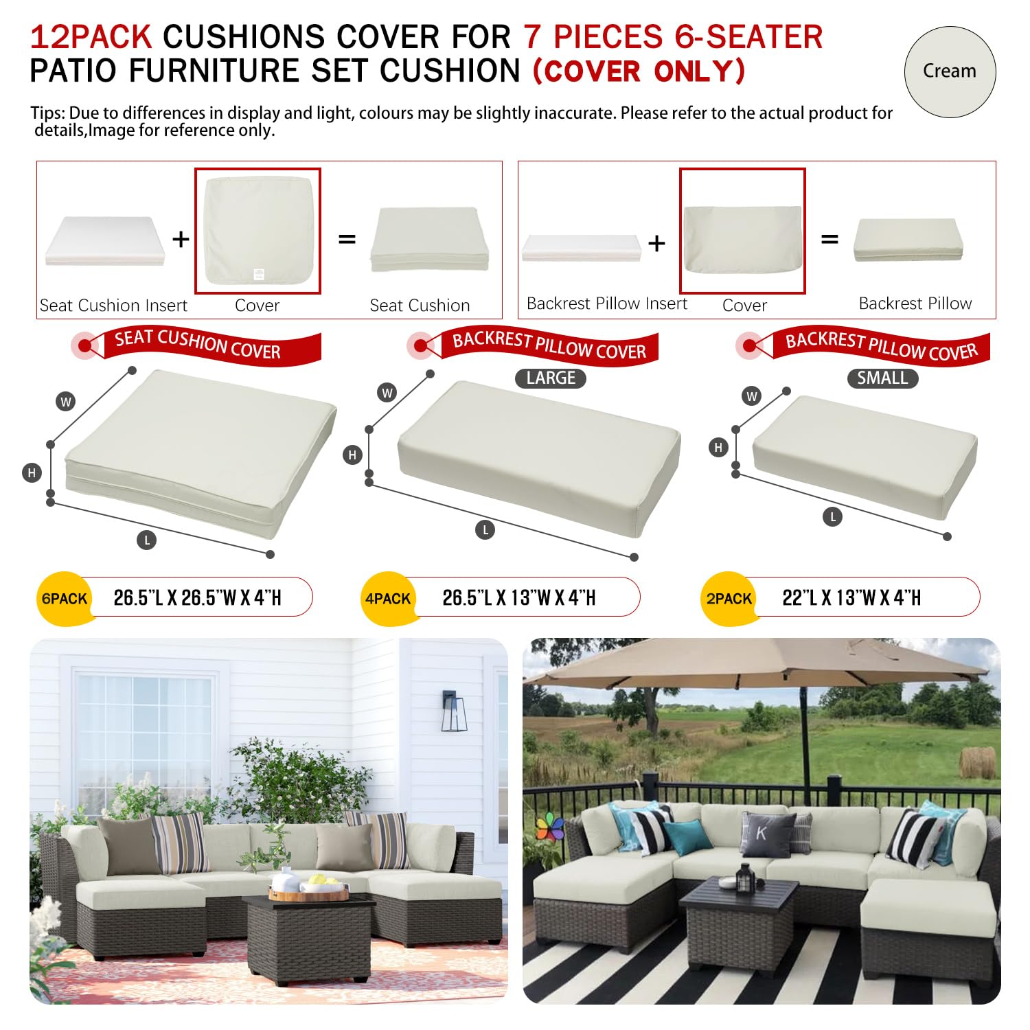 ClawsCover 12 Pack Outdoor Patio Seat and Back Cushions Replacement Covers Fit for 7Pieces 6-Seater Wicker Rattan Furniture Conversation Set Sectional Couch Chair,Cream-Include Cover Only