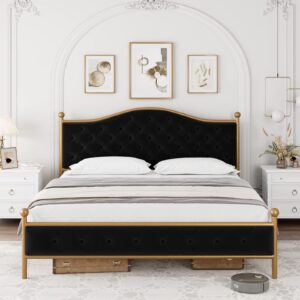 HIFIT Luxury Queen Size Platform Bed Frame with Elegant Button Tufted Curved Headboard, Velvet Upholstered Bed Frame with No Noise, Heavy Duty Metal Frame Foundation, No Box Spring Needed, Gold-Black