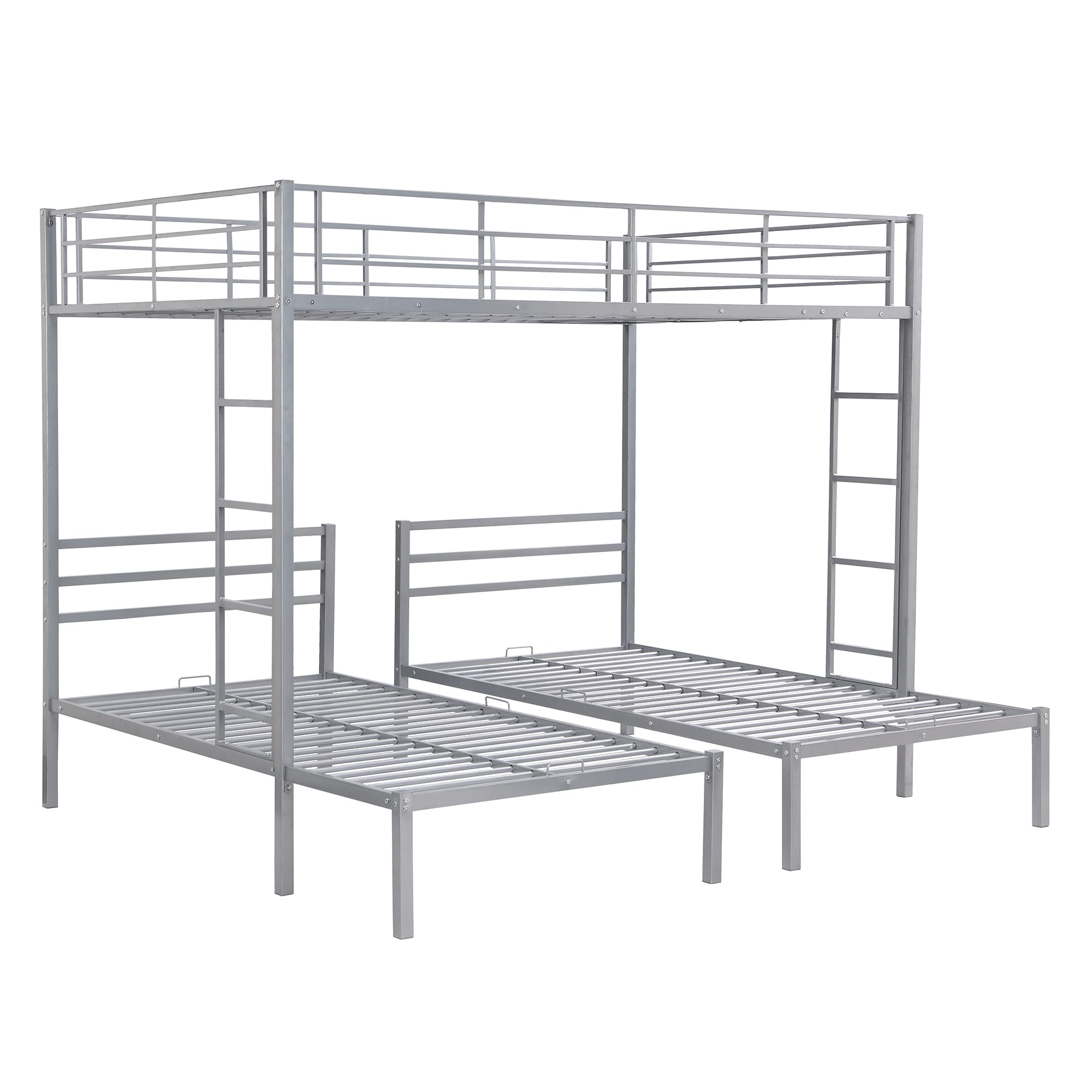 Metal Triple Bunk Bed with Built-in Shelf and Guardrails, Full Over 2 Twin Bunk Bed for Family, Kids, Teens,No Box Spring Needed