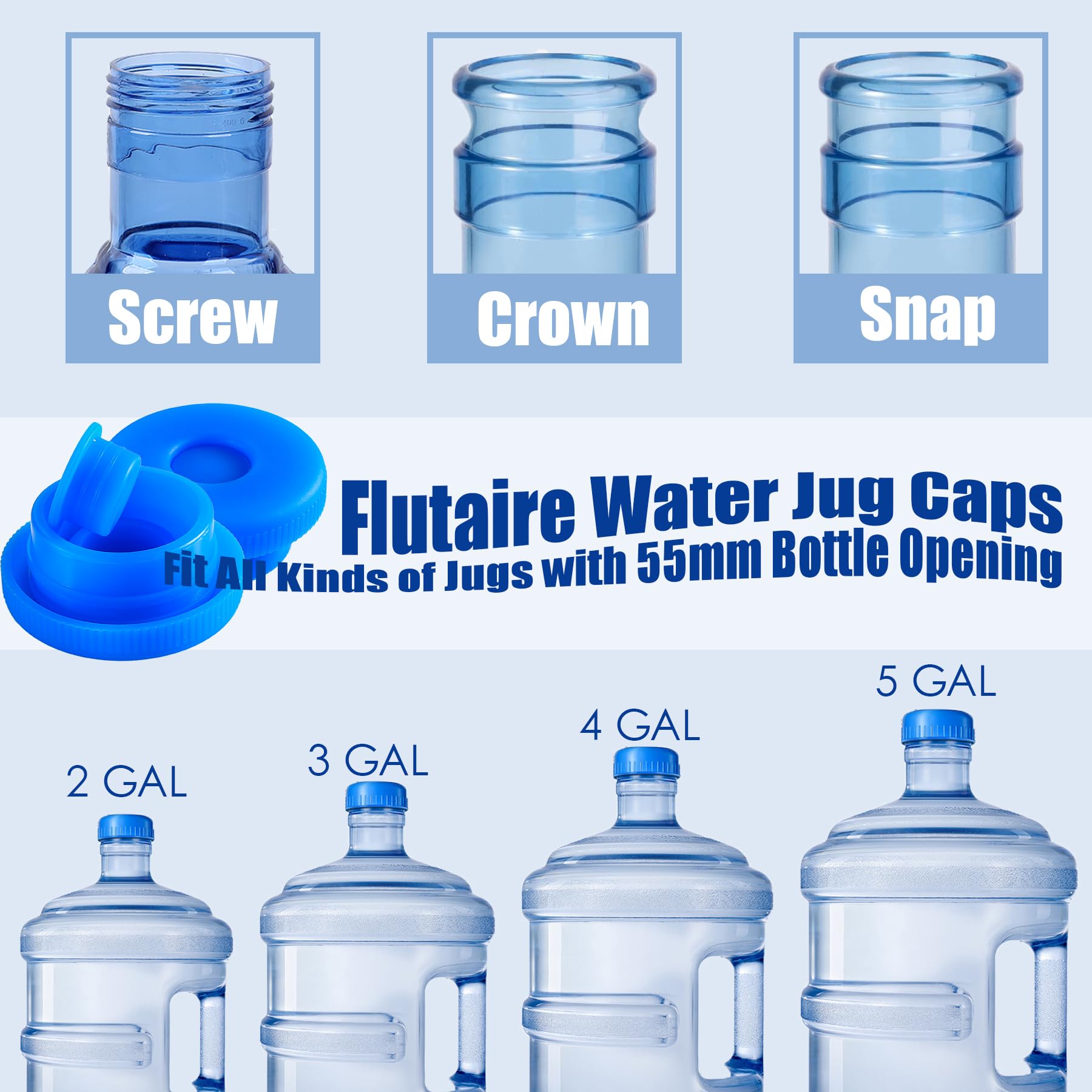 5 Gallon Water Jug Cap Reusable, Non-Spilling 55mm Water Bottle Dispenser Caps, Silicone 5 Gal Jug Replacement Caps Lids Anti Splash (Ocean Blue, 3 Pack)