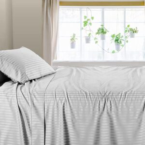 British-Linen Sheet Sets 5 Piece Cotton Sheets 18" Deep Pocket & 400TC Sheets Extra Soft and 100% Egyptian Cotton Long Staple Bed Sheets with Duvet Cover - Light Grey Stripe,Full Size.