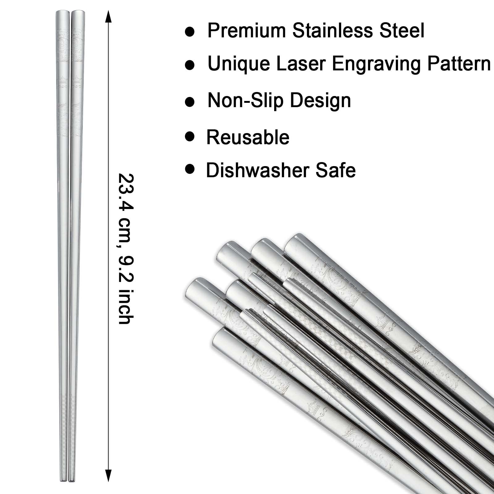 10 Pairs Chopsticks Reusable, Bestdin Metal Chopsticks Reusable with Unique Laser Engraving Pattern, 9.2 Inch Stainless Steel Chop Sticks for Asian Food, Square Non-Slip ChopSticks, Dishwasher Safe