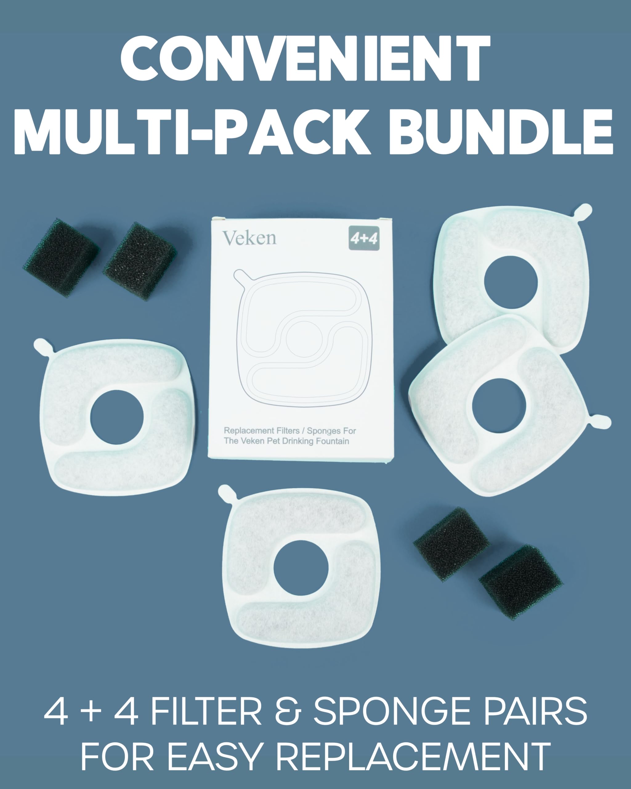 Veken Cat Water Fountain Filters, 4 Pack Replacement Filters & 4 Pack Replacement Pre-Filter Sponges Set for 67oz, 95oz, 135oz Automatic Pet Fountain Dog Water Dispenser