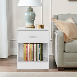 Karl home Nightstands Set of 2 with Drawer for Bedroom, Wood Night Stand Set 2 with Open Shelf, Modern Nightstand Bedside Tables Set of 2, End Table, White