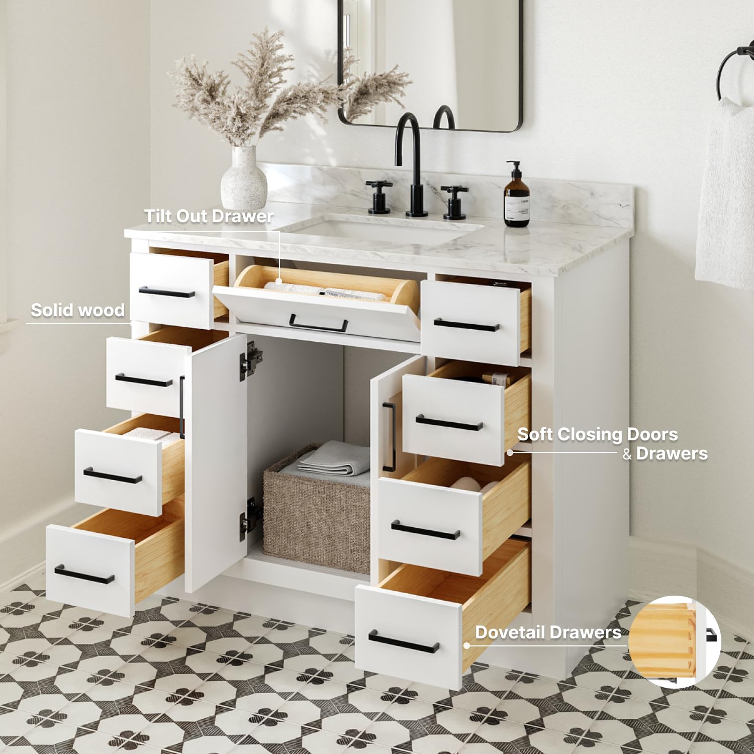 ARIEL Hepburn 43 Inch Single Sink Bathroom Vanity in White, Italian Carrara Marble Top, Solid Wood, Rectangular Sink, 2 Soft Closing Doors, 9 Full Extension Dovetail Drawers, Toe Kick