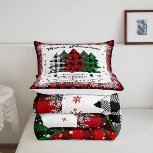 Manfei Xmas Tree Comforter Set King Size, Merry Christmas Quilt Set with 2 Pillowcases, New Year Theme Plaid Print Bedding Set 3pcs for Kids Boys Girls Bedroom Decor