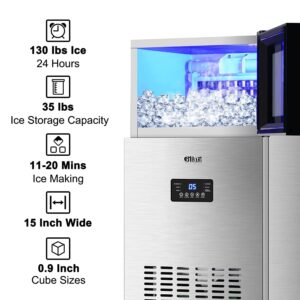 Upgraded Commercial Ice Maker Machine 130LBS/24H with 35LBS Storage Bin,15Inch Wide Ready in 11-20 Mins Under Counter/Freestanding Stainless Steel Gravity Drainage Large Ice Machine