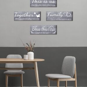 Joyhawk 4 Pieces Wall Decor Signs, THIS IS US, TOGETHER, BLESS THIS HOME, FAMILY Rustic Wooden Farmhouse Wall Art Décor For Living Room Bedroom Kitchen, , 4.7 x 13.8 Inch(Grey)