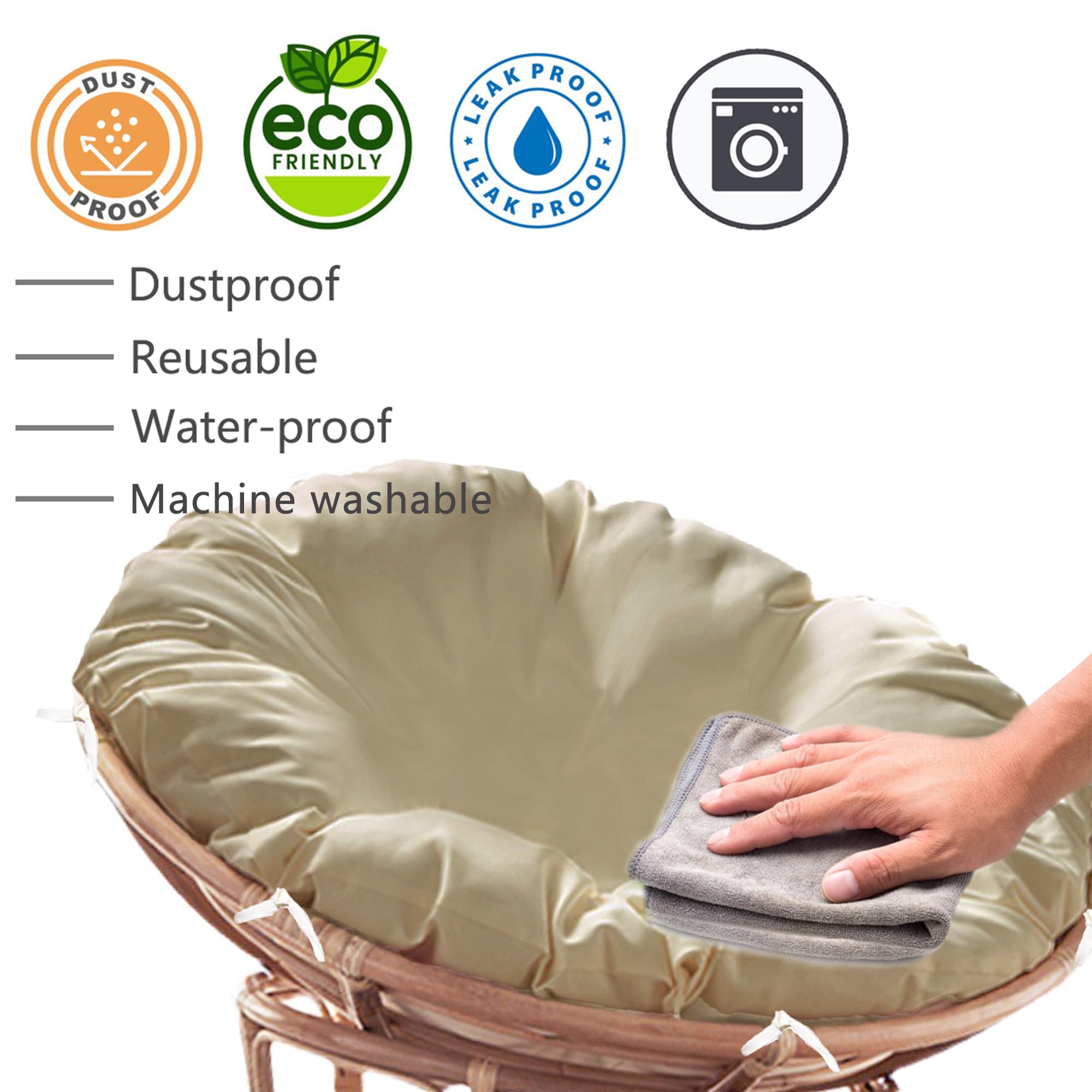 Sqodok Papasan Cushion Cover Only, 50in Outdoor Indoor Papasan Chair Cushion Covers Water Resistant, Machine Washable Papasan Chair Cushion Slipcover with Zipper and Straps (Beige)