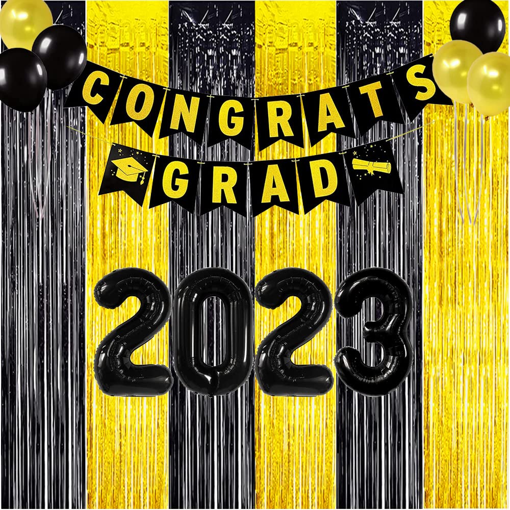 Black and Gold Fringe Fringe Backdrop, 2025 Graduation Tinsel Backdrop Gold Black Booth Streamers for New Year Birthday Wedding Disco Party Decorations (3 Pack)