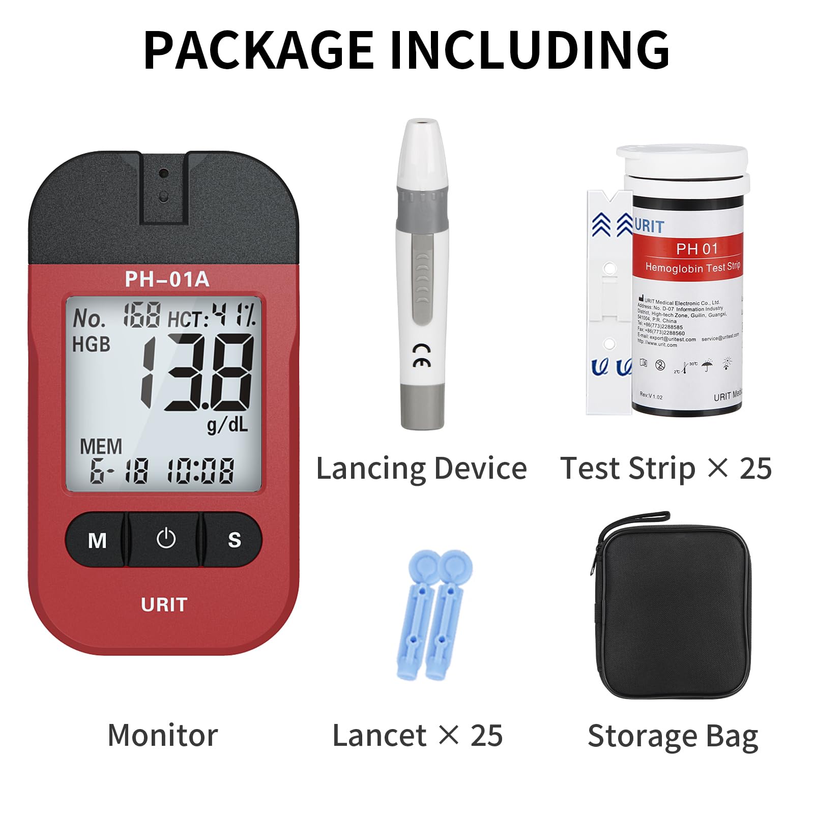 URIT Hemoglobin Test Meter with 25 Hemoglobin Test Strips, Accurate and Fast, Easy for Home Use