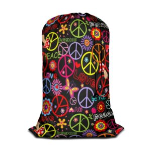 swono hippie peace symbol xl laundry bags, drawstring closure dirty clothes bag organizer, heavy duty laundry bag, mushrooms paisley flowers bags for camp travel, machine washable 28"x40", colorful