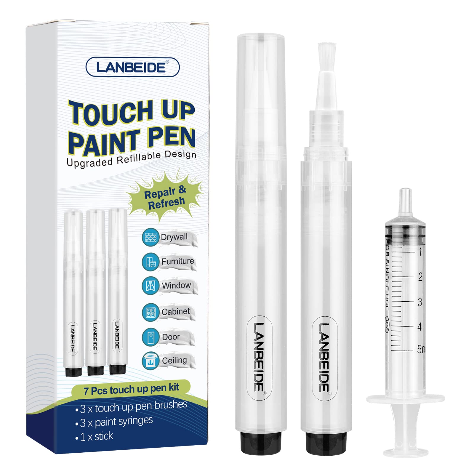 LANBEIDE Refillable Touch Up Paint Pens, 3Pcs Paint Brush Pens for Walls Repair, Furniture Repair Kit for Drywall, Wood Floors, Cabinets, Windows, Doors, Desks 6ML